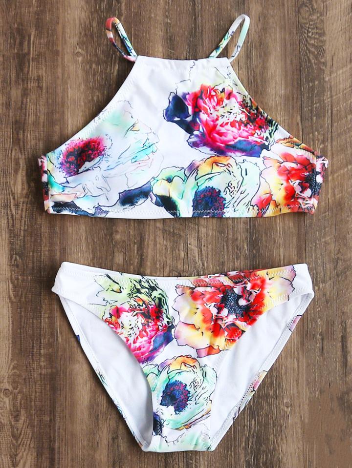 Romwe White Floral Print Spaghetti Strap Bikini Set