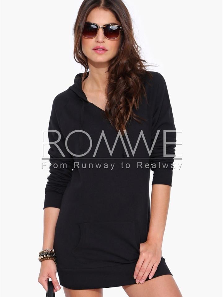 Romwe Black Long Sleeve Hooded Pockets Sweatshirt