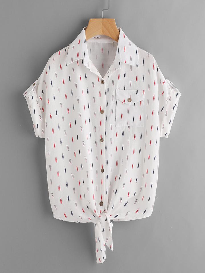Romwe Printed Knot Front Cuffed Shirt With Chest Pocket