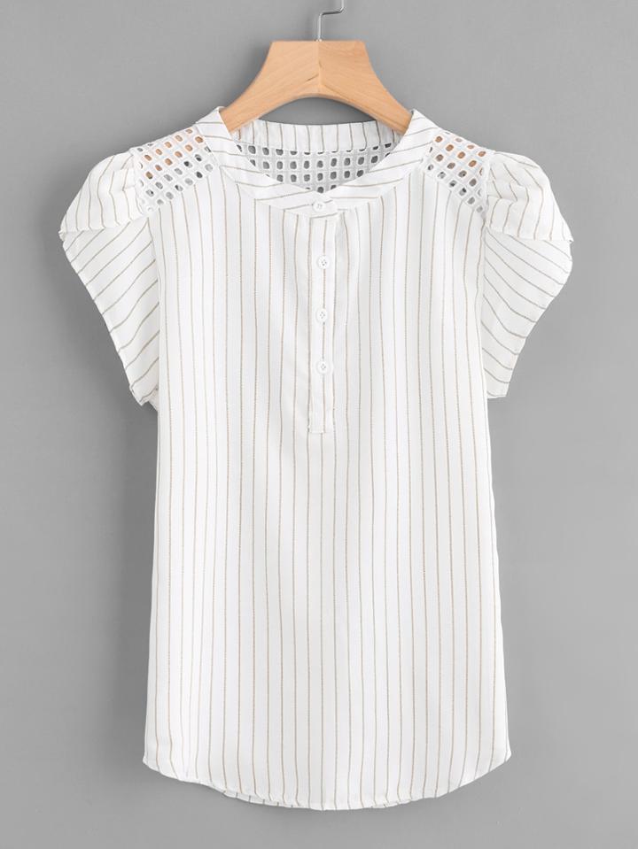 Romwe Eyelet Embroidered Panel Petal Sleeve Striped Blouse