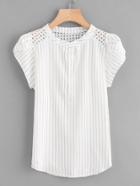 Romwe Eyelet Embroidered Panel Petal Sleeve Striped Blouse