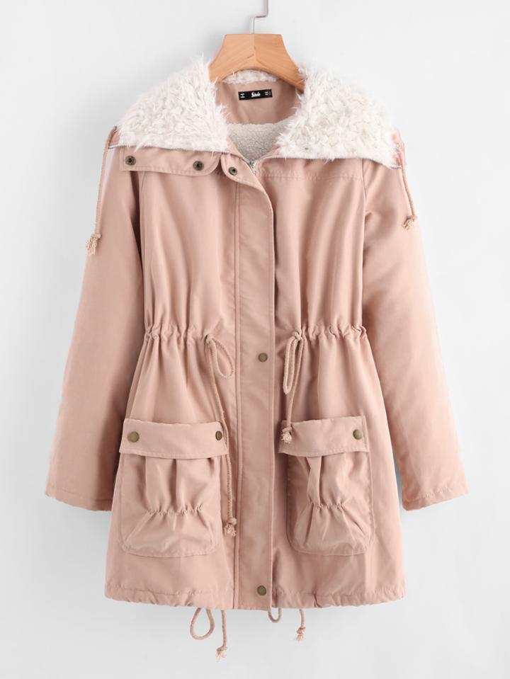 Romwe Fleece Lined Pocket Front Drawstring Parka Coat