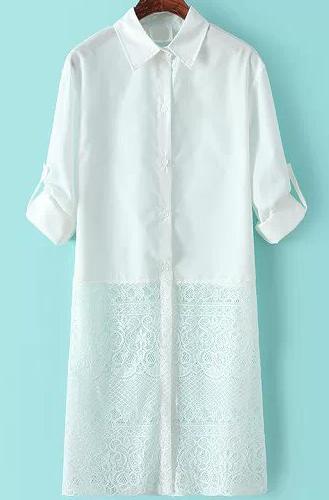 Romwe Lapel Contrast Lace Hem Buttons White Blouse