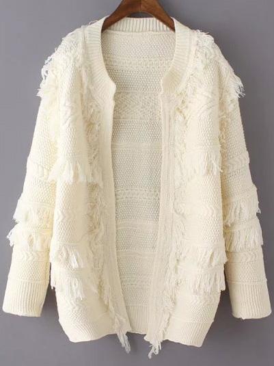 Romwe Round Neck Tassel White Coat