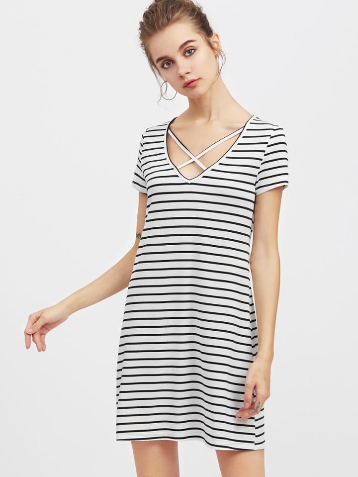 Romwe Crisscross V Neck Striped Tee Dress