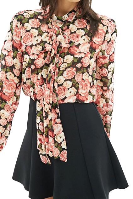 Romwe Self-tie Collar Floral Print Shirt