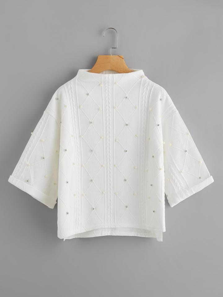 Romwe Mock Neck Beading Embossed Slit Side Sweatshirt