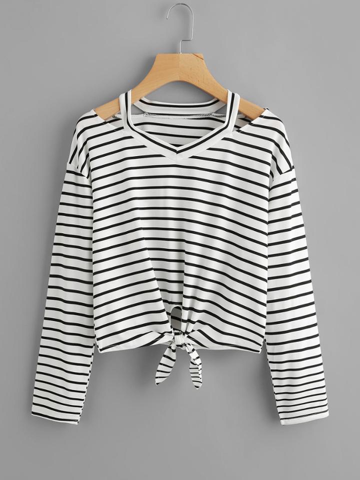 Romwe Ripped Neck Knotted Hem Striped Tee