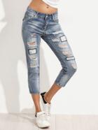 Romwe Blue Ripped Jeans With Patch