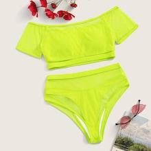 Romwe Neon Green Bardot Fishnet Overlay Bikini Set 4pack