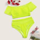 Romwe Neon Green Bardot Fishnet Overlay Bikini Set 4pack