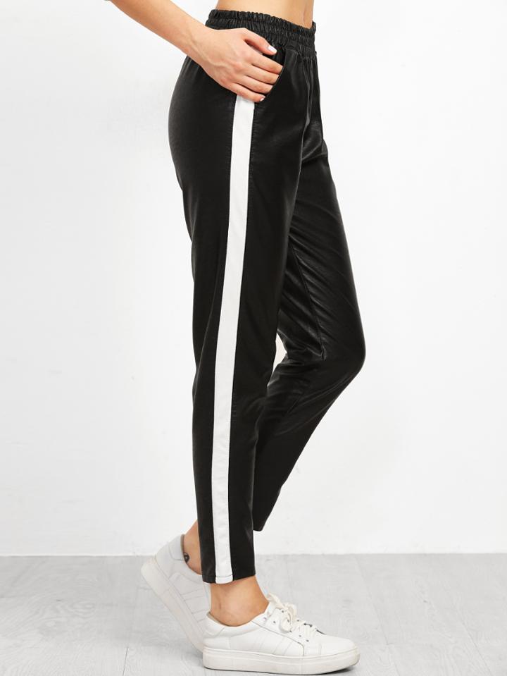 Romwe Black Faux Leather Contrast Panel Side Elastic Waist Pants