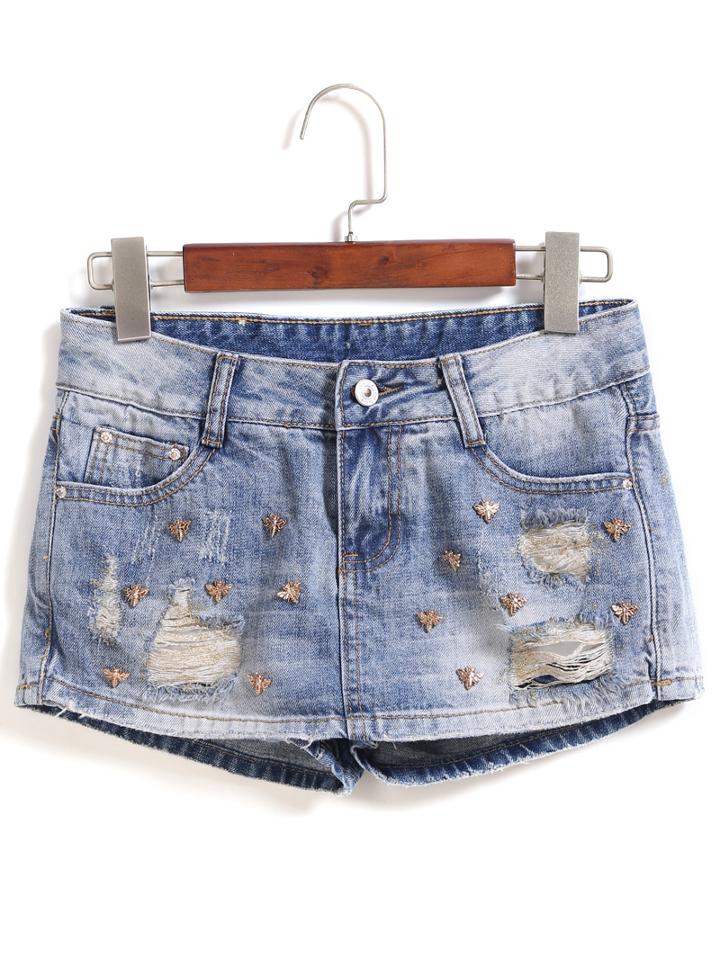 Romwe With Rivet Ripped Denim Shorts