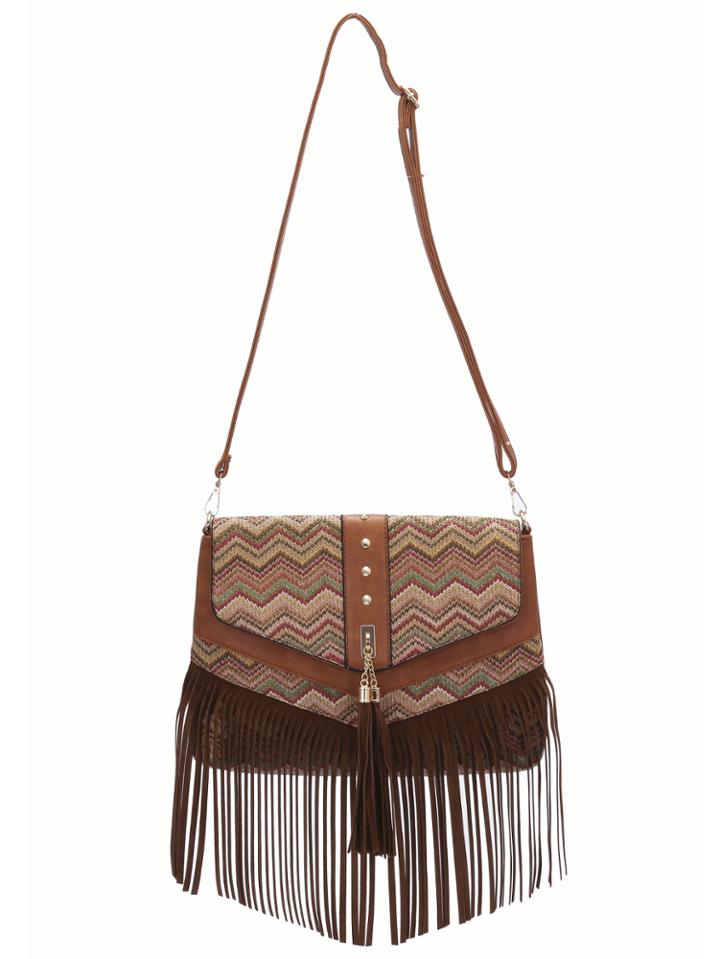 Romwe Khaki Fringe Braided Cross Body Bag