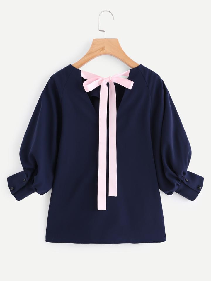 Romwe V Cut Bow Back Lantern Sleeve Top