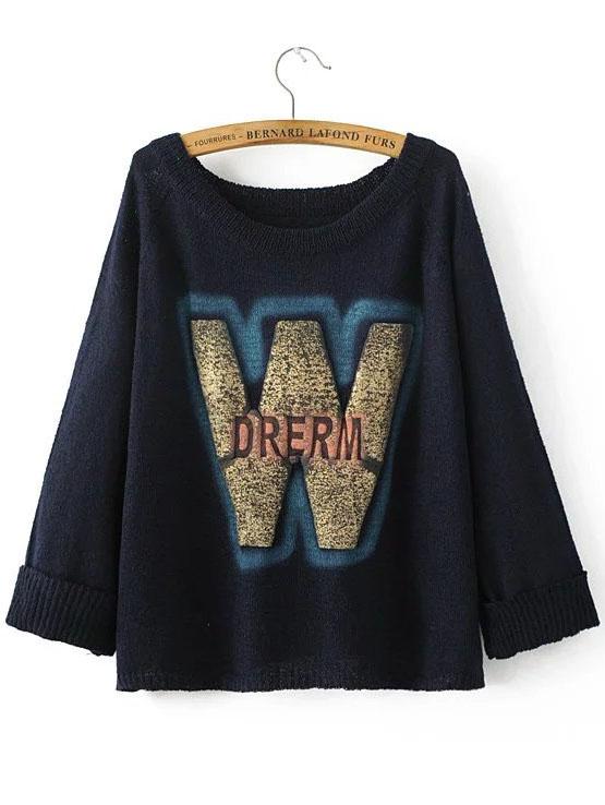 Romwe Navy Letter Print Raglan Sleeve Sweater