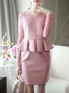 Romwe Pink V Neck Contrast Lace Peplum Sheath Dress