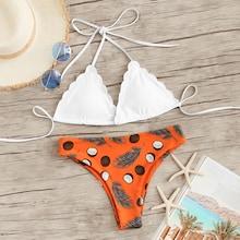 Romwe Scalloped Trim Halter Top With Coconut Print Bikini