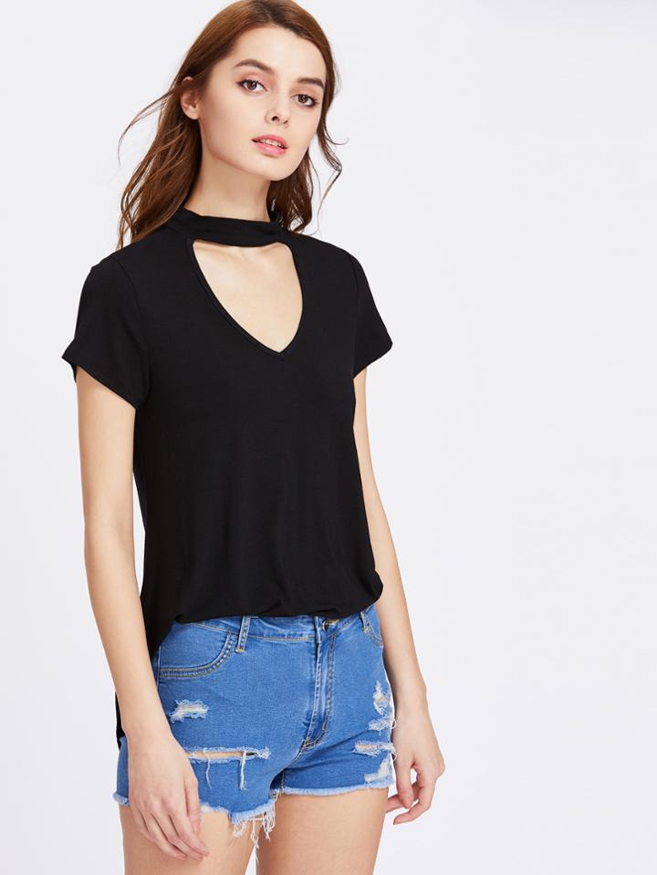 Romwe Choker V Neckline Dip Hem Tee