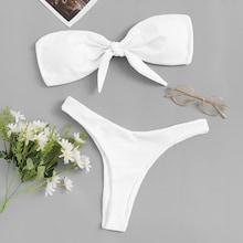 Romwe Knot Front Bandeau With High Leg Bikini Set