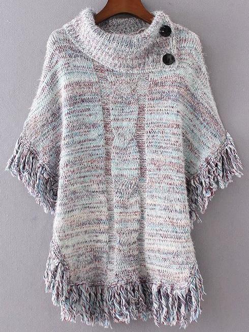 Romwe Light Blue Fringe Marled Knit Poncho Sweater