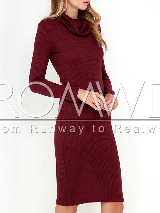 Romwe Burgundy Long Sleeve Cowl Neck Dress