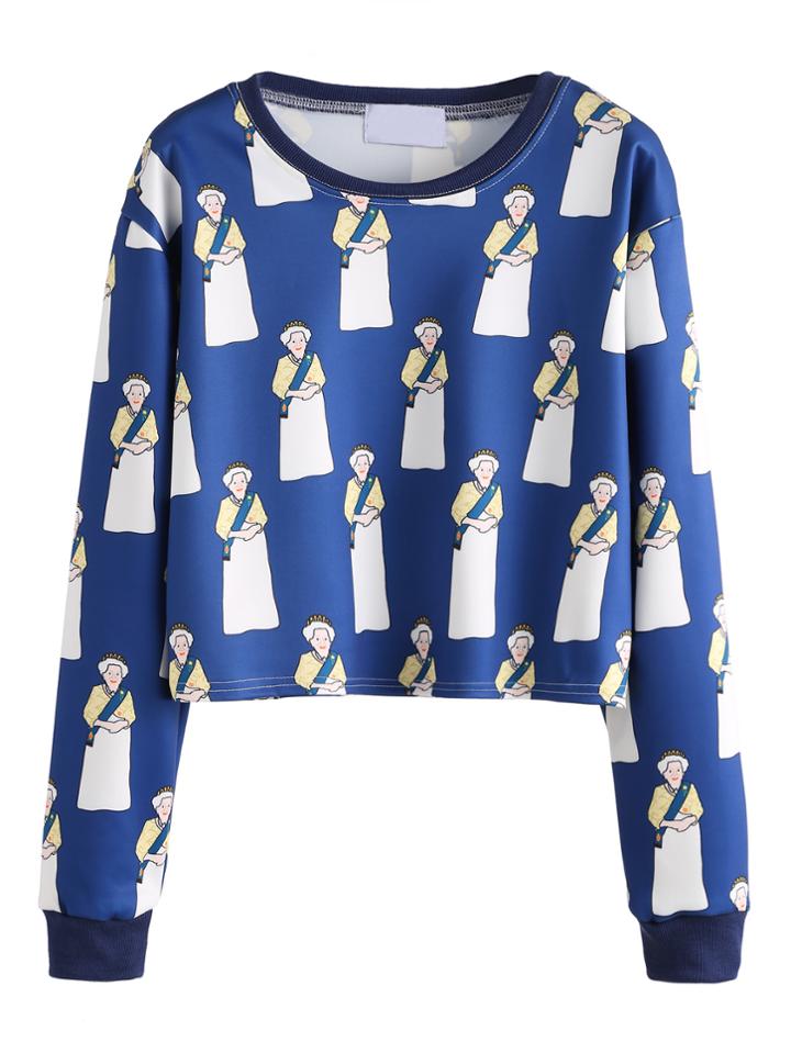 Romwe Royal Blue Cartoon Print Crop Sweatshirt