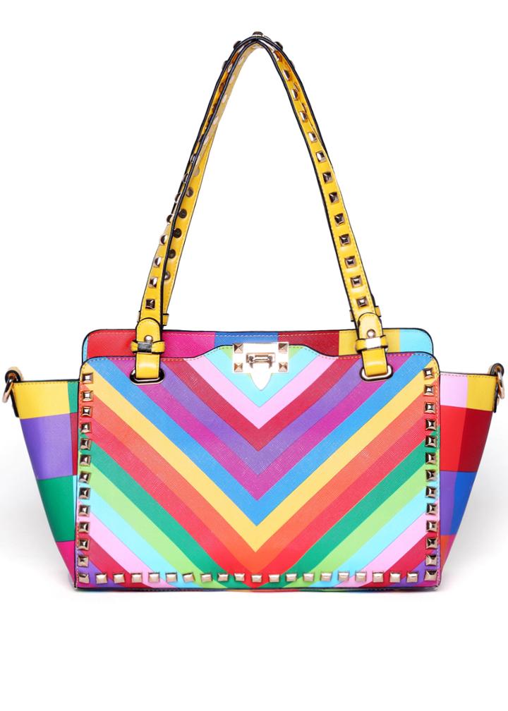 Romwe Multicolor With Rivet Buckle Shoulder Bag