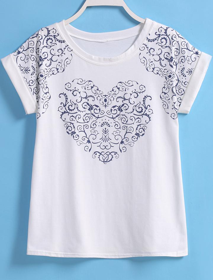 Romwe Heart Pattern Print Loose T-shirt