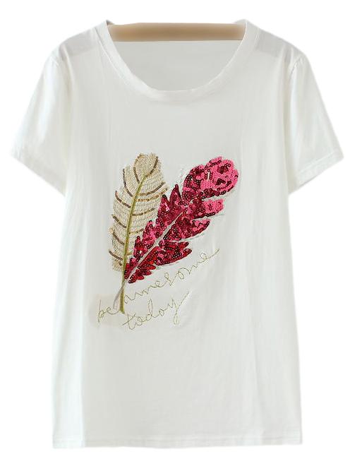 Romwe Red Short Sleeve Leaves Sequined T-shirt
