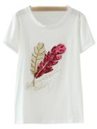 Romwe Red Short Sleeve Leaves Sequined T-shirt