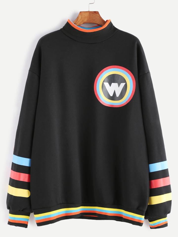 Romwe Black Printed Striped Trim High Neck Sweatshirt