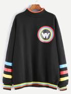 Romwe Black Printed Striped Trim High Neck Sweatshirt