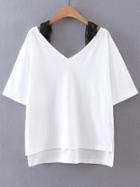 Romwe White Contrast Lace Strap Cold Shoulder High Low T-shirt