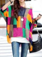 Romwe Color-block High Low Batwing Sleeve Blouse