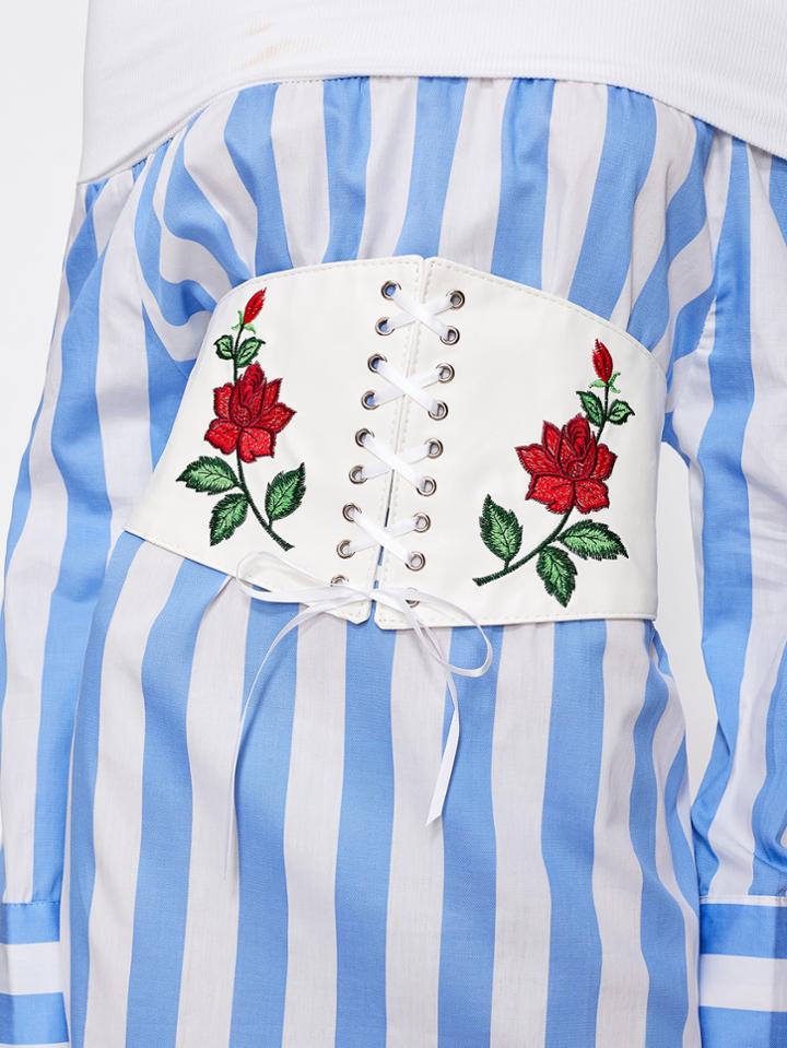 Romwe Flower Embroidery Lace Up Corset Belt