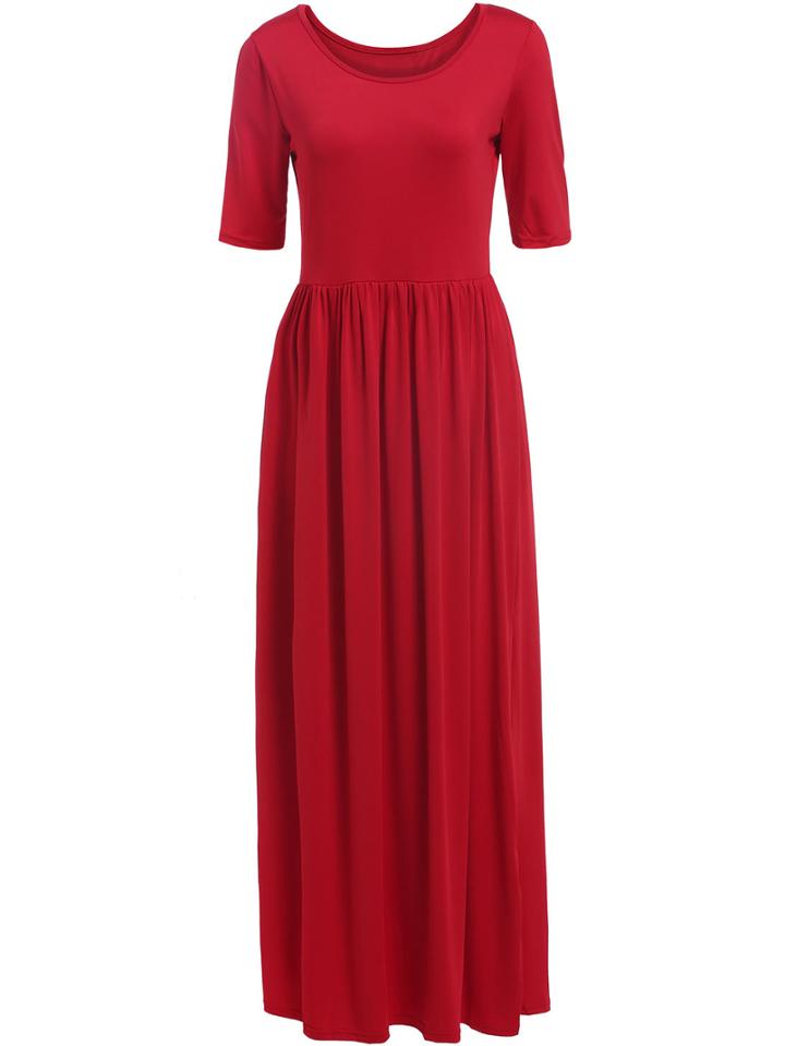 Romwe Red Half Sleeve Pleated Maxi Dress
