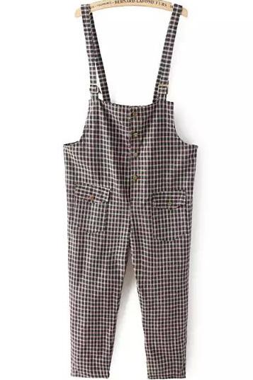 Romwe Straps With Pockets Plaid Wine Black Jumpsuit