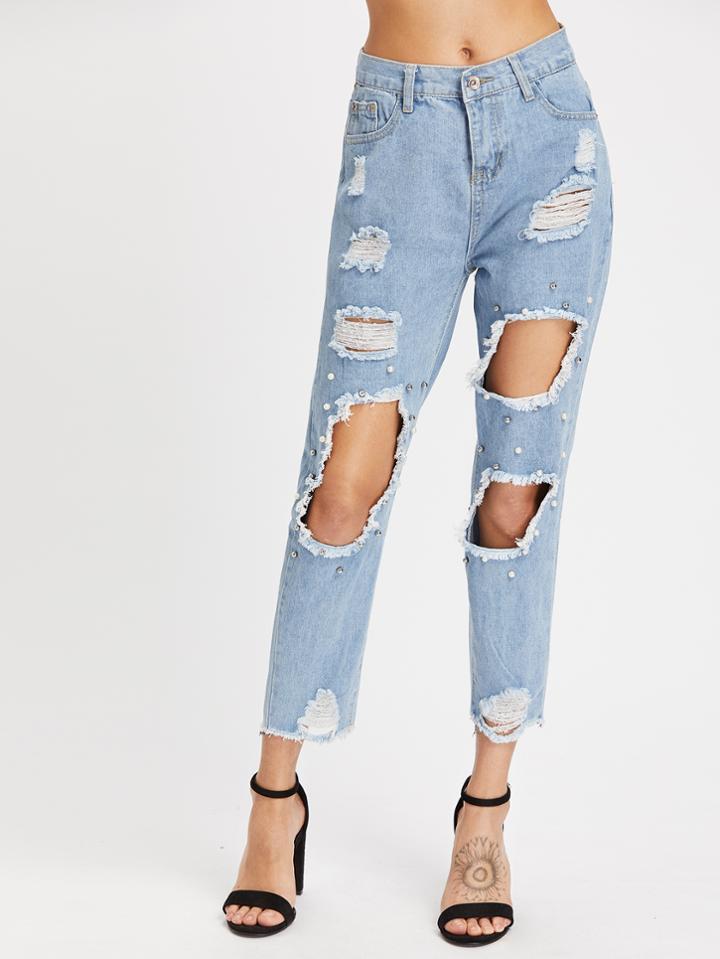Romwe Distressed Fray Hem Crop Jeans