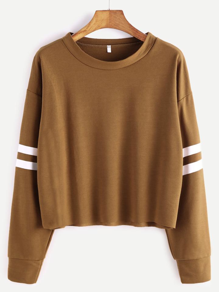 Romwe Khaki Varsity Striped Sleeve Crop T-shirt
