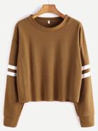 Romwe Khaki Varsity Striped Sleeve Crop T-shirt