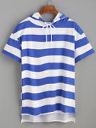 Romwe Blue White Striped Dip Hem Hooded T-shirt
