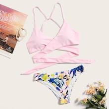 Romwe Wrap Top With Random Floral Bikini Set