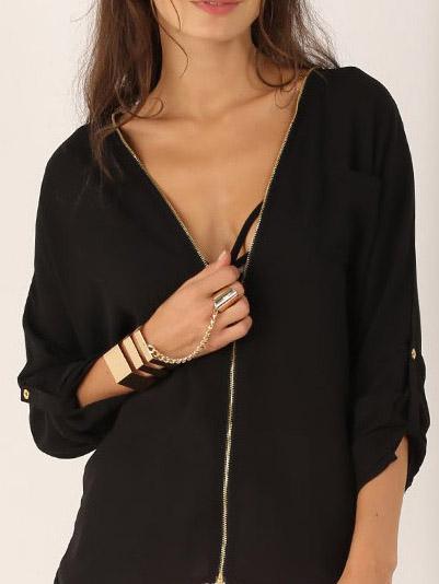 Romwe Deep V Neck Zipper Chiffon Blouse