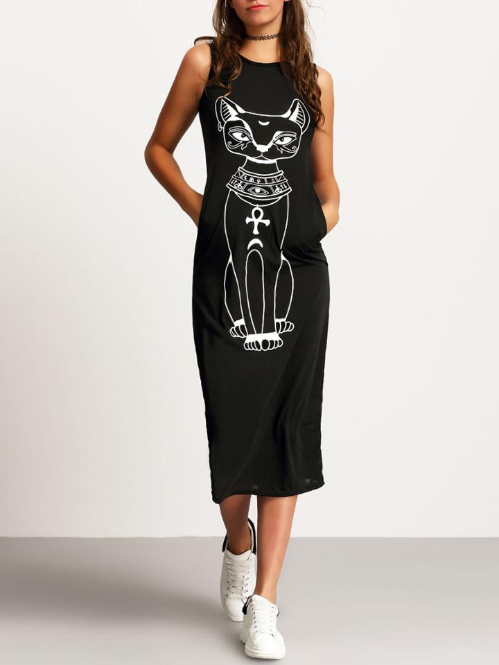 Romwe Black Sleeveless Cat Print Slim Dress