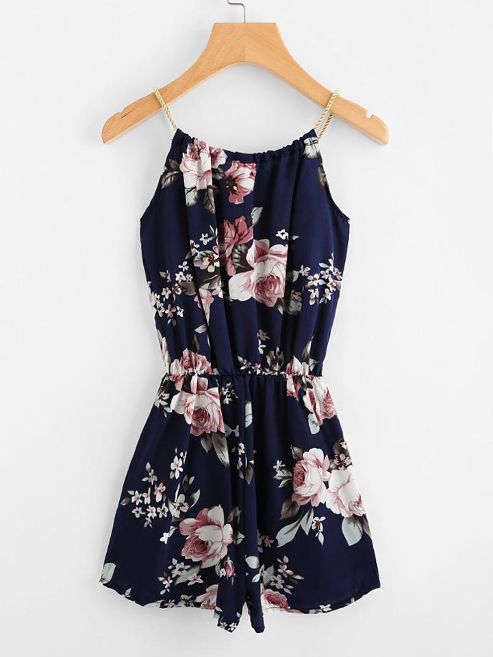 Romwe Floral Print Random Self Tie Cami Romper