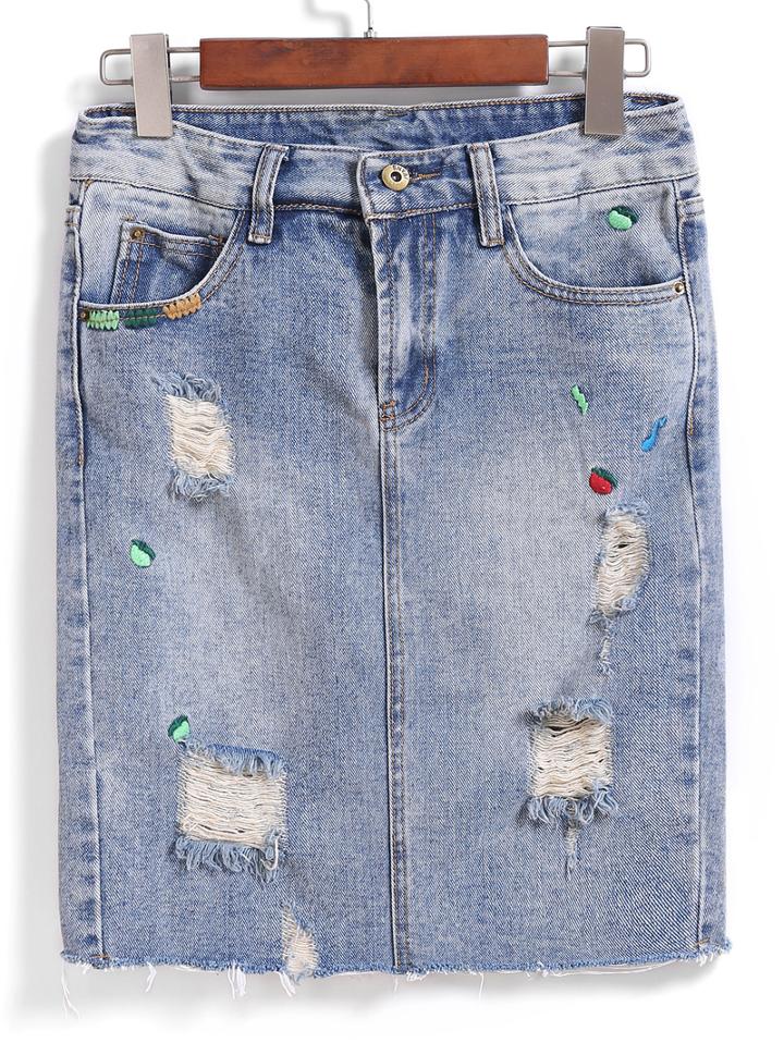 Romwe Ripped Embroidered Denim Skirt
