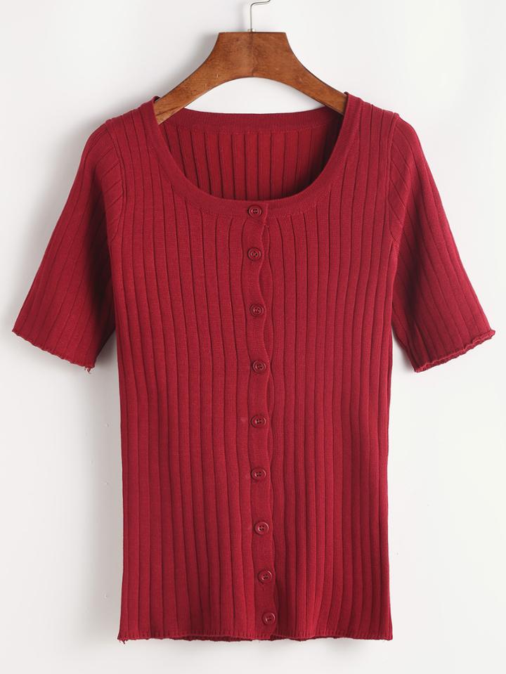 Romwe Single Breasted Ribbed Knit Tee