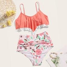 Romwe Pom-pom Trim Top With Random Floral Ruched Bikini