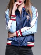 Romwe Blue Navy Color Block Flowers Embroidered Coat